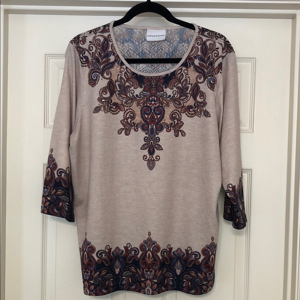 Alfred Dunner Beige Paisley-Accent Scoop Neck Long Sleeve Top